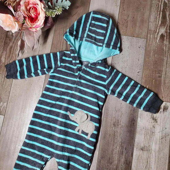 Just One You by Carter's Elephant Striped Fleece Hooded Bodysuit Gray Blue Sz 9M - Picture 8 of 11